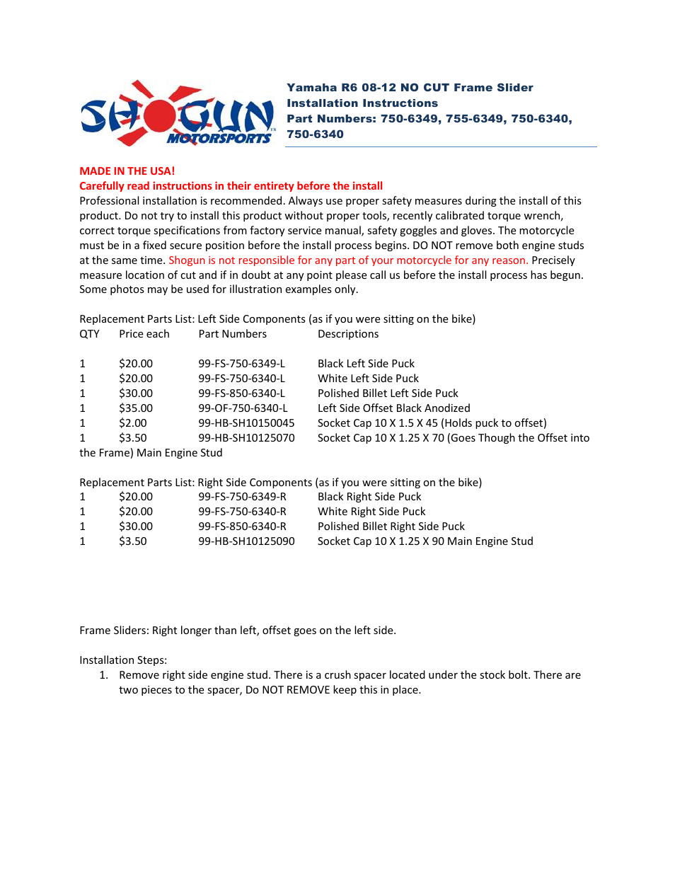 Shogun Motorsports Yamaha R6 (08-12) NO CUT Frame Slider User Manual | 2 pages