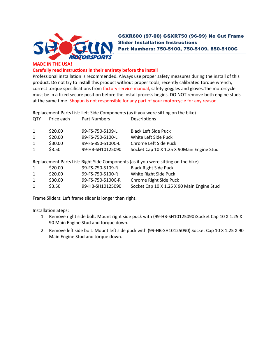 Shogun Motorsports Suzuki GSXR750 (96-99) NO CUT Frame Slider User Manual | 2 pages
