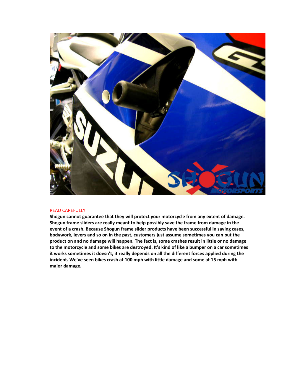 Shogun Motorsports Suzuki GSXR750 (96-99) NO CUT Frame Slider User Manual | Page 2 / 2