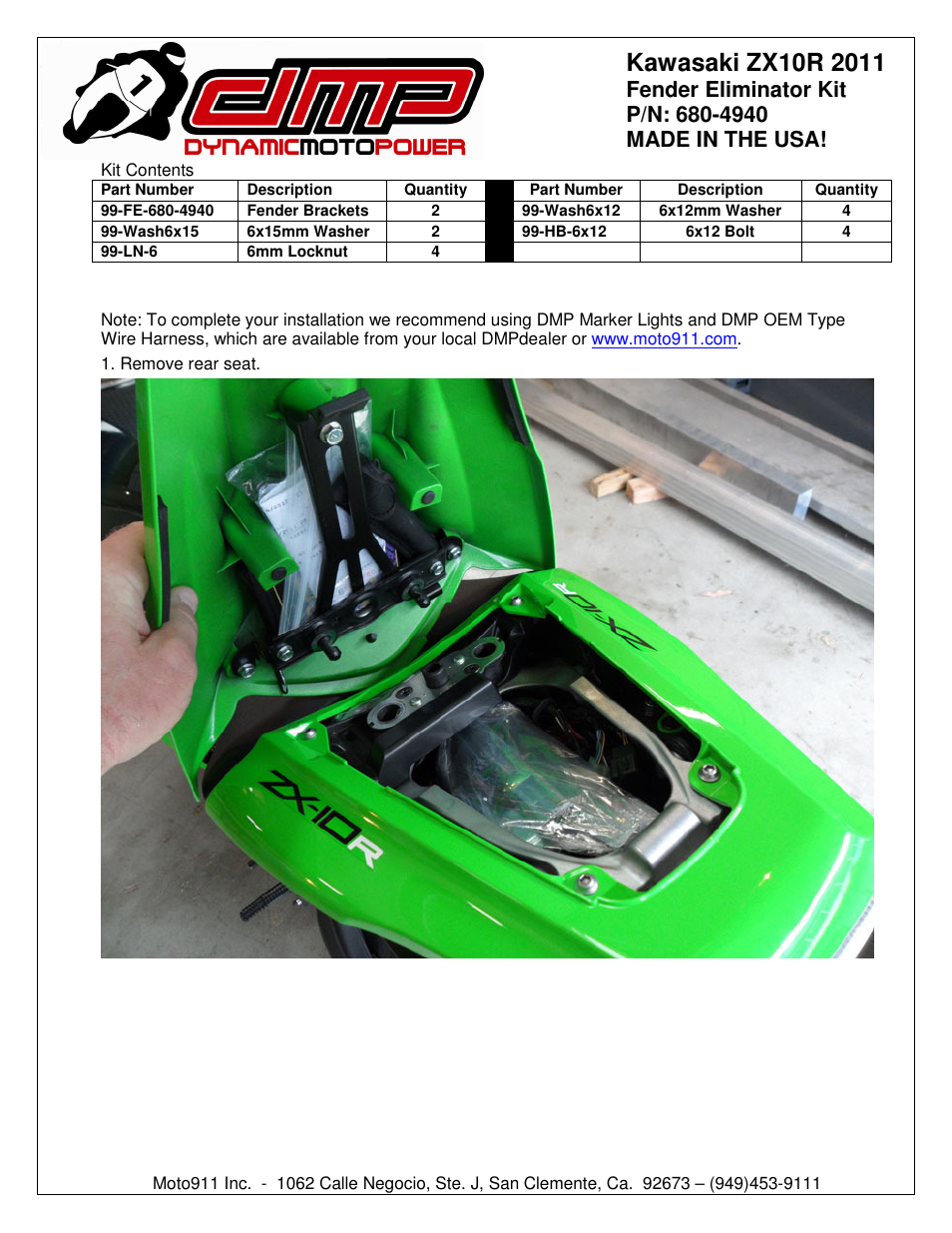 Shogun Motorsports Kawasaki ZX10R (2011) DMP Fender Eliminator Instructions User Manual | 8 pages