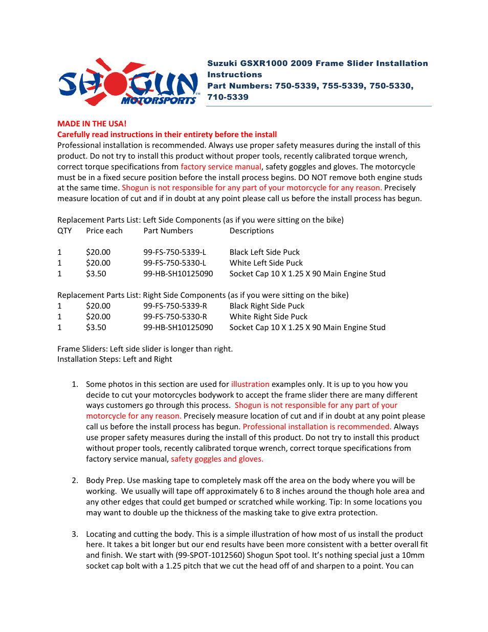 Shogun Motorsports Suzuki GSXR1000 (2009) Frame Slider User Manual | 4 pages