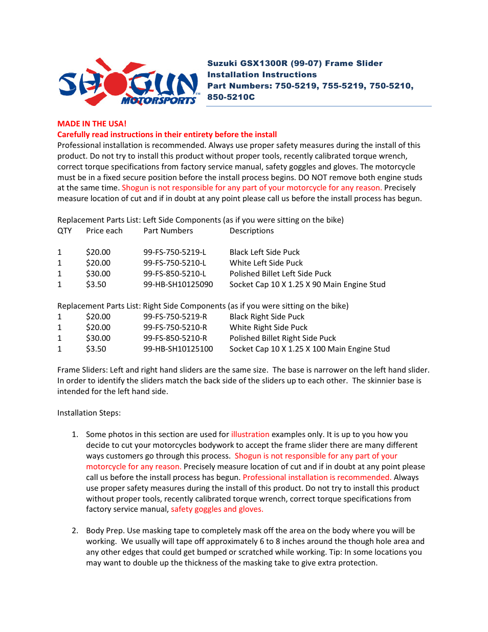 Shogun Motorsports Suzuki GSX1300R (99-07) Frame Slider User Manual | 4 pages