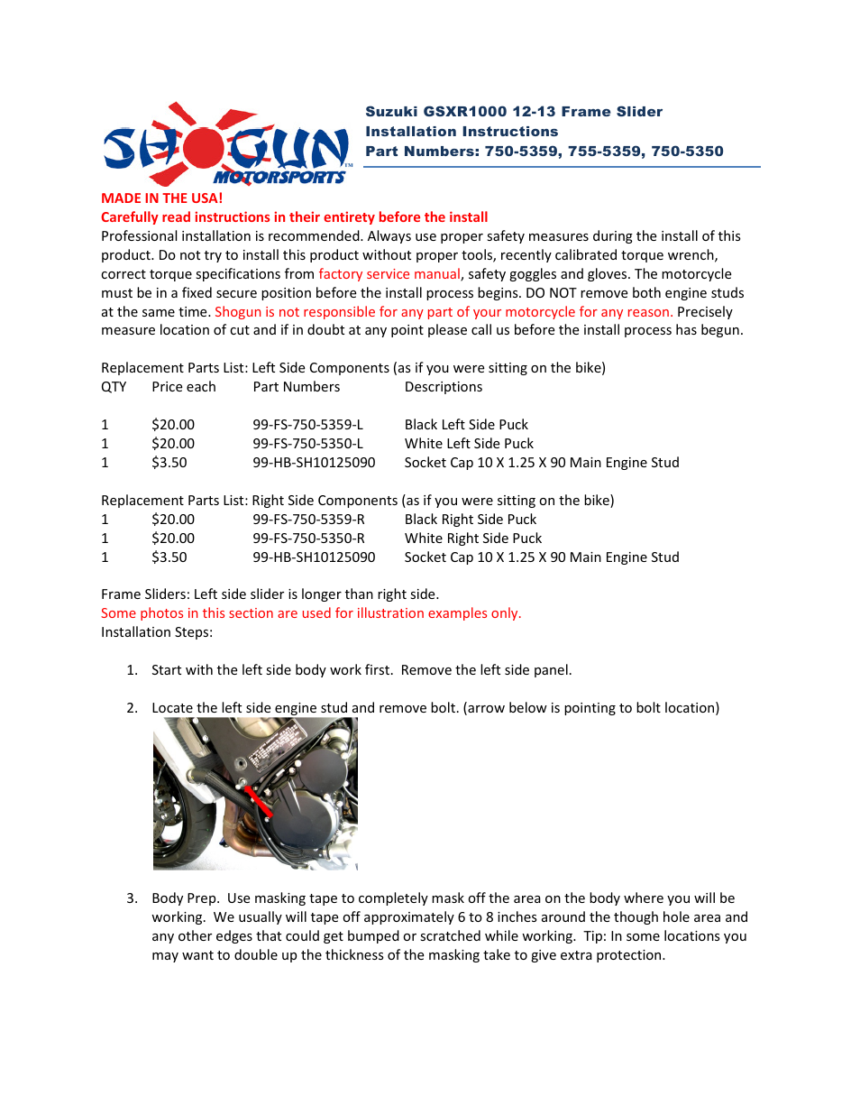 Shogun Motorsports Suzuki GSXR1000 (12-13) Frame Slider User Manual | 4 pages