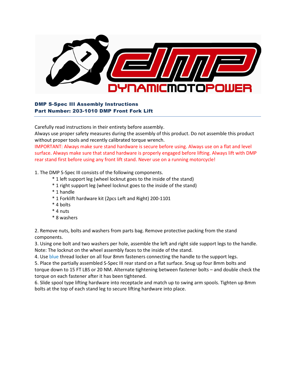 Shogun Motorsports DMP S-Spec III Front Fork Stand User Manual | 2 pages