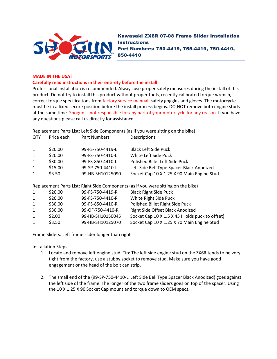 Shogun Motorsports Kawasaki ZX6R (07-08) Frame Slider User Manual | 2 pages