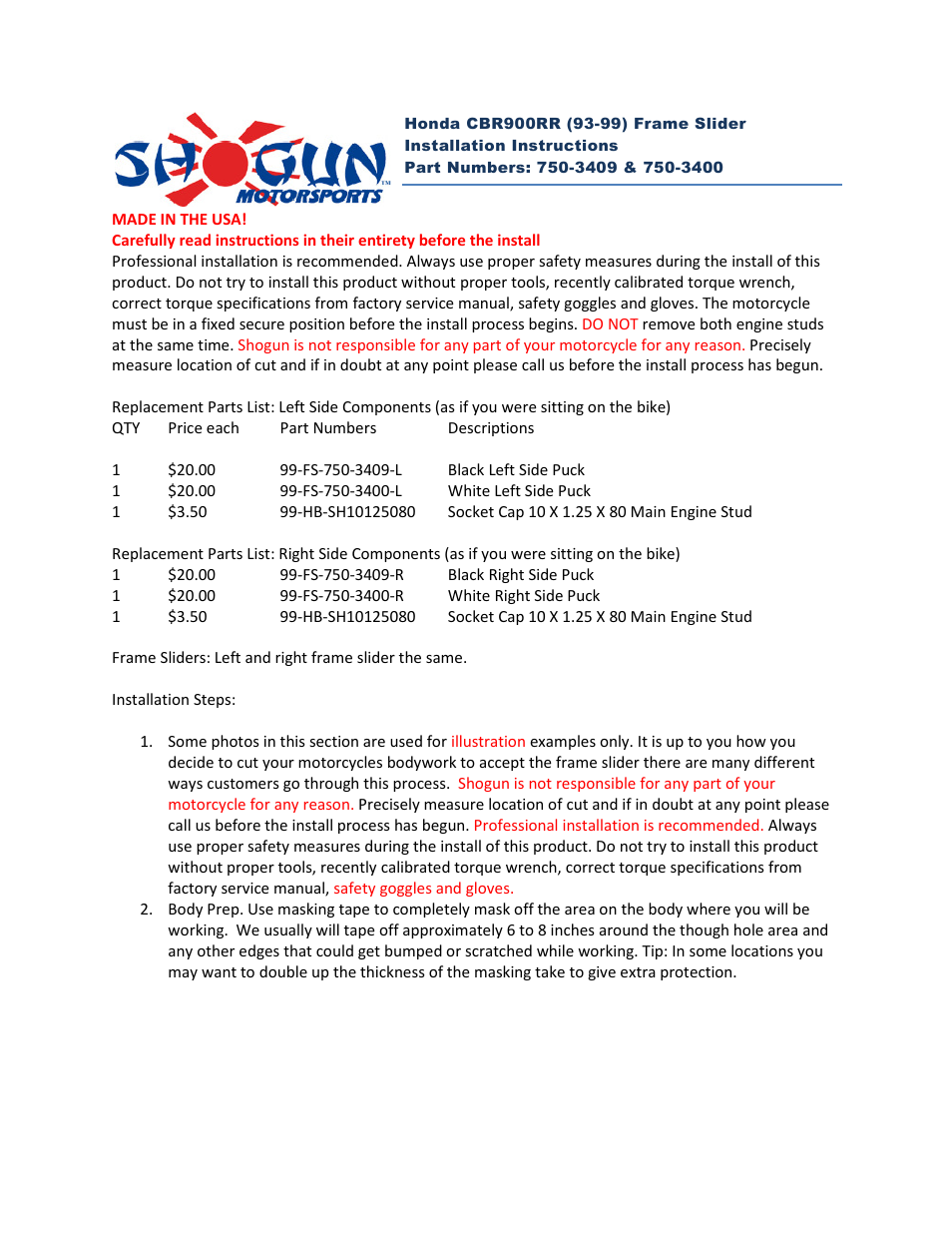Shogun Motorsports Honda CBR900RR (93-99) Frame Slider User Manual | 4 pages