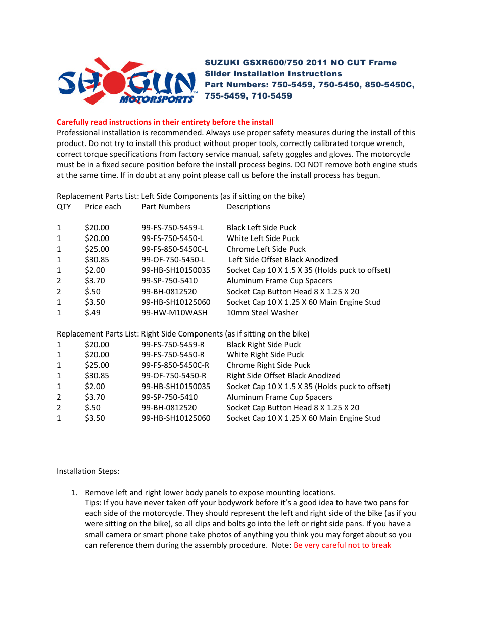 Shogun Motorsports Suzuki GSXR600_750 (2011) NO CUT Frame Slider User Manual | 6 pages