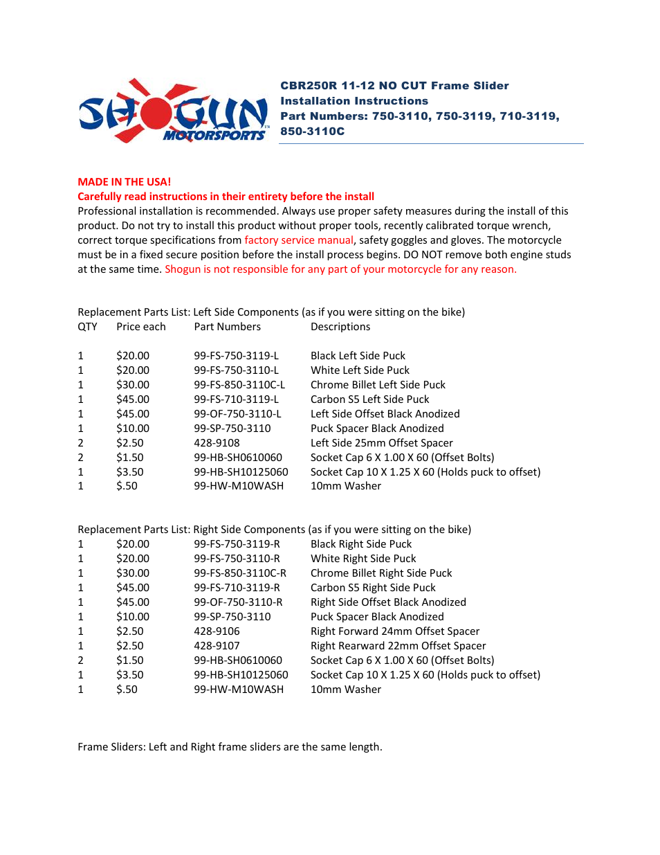 Shogun Motorsports Honda CBR250R (11-12) NO CUT Frame Slider User Manual | 7 pages