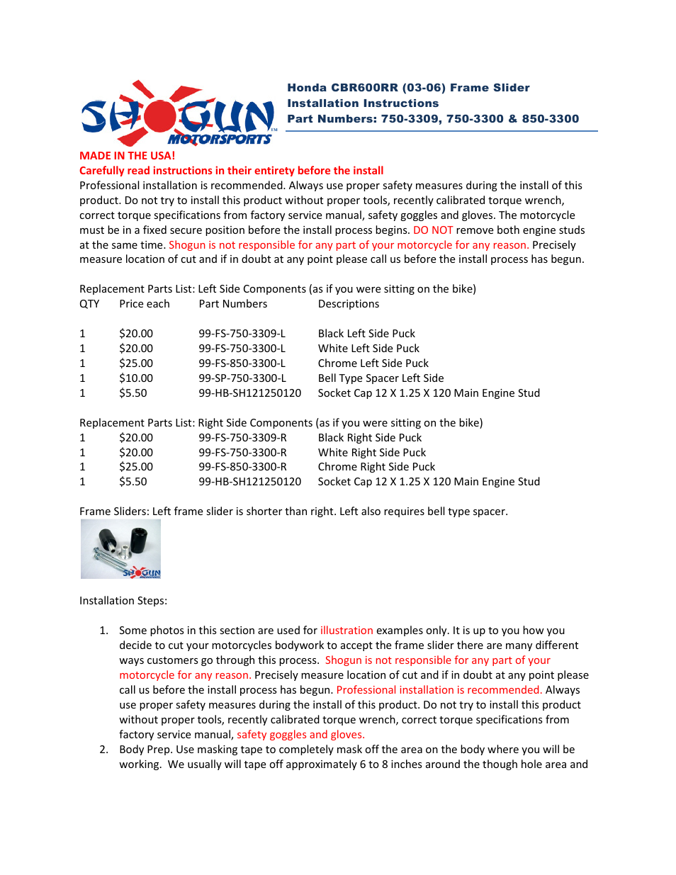 Shogun Motorsports Honda CBR600RR (03-06) Frame Slider User Manual | 4 pages