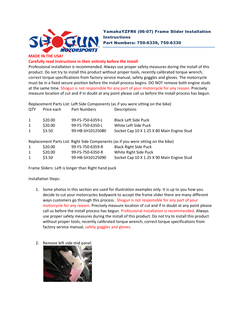 Shogun Motorsports YamahaYZFR6 (06-07) Frame Slider User Manual | 4 pages