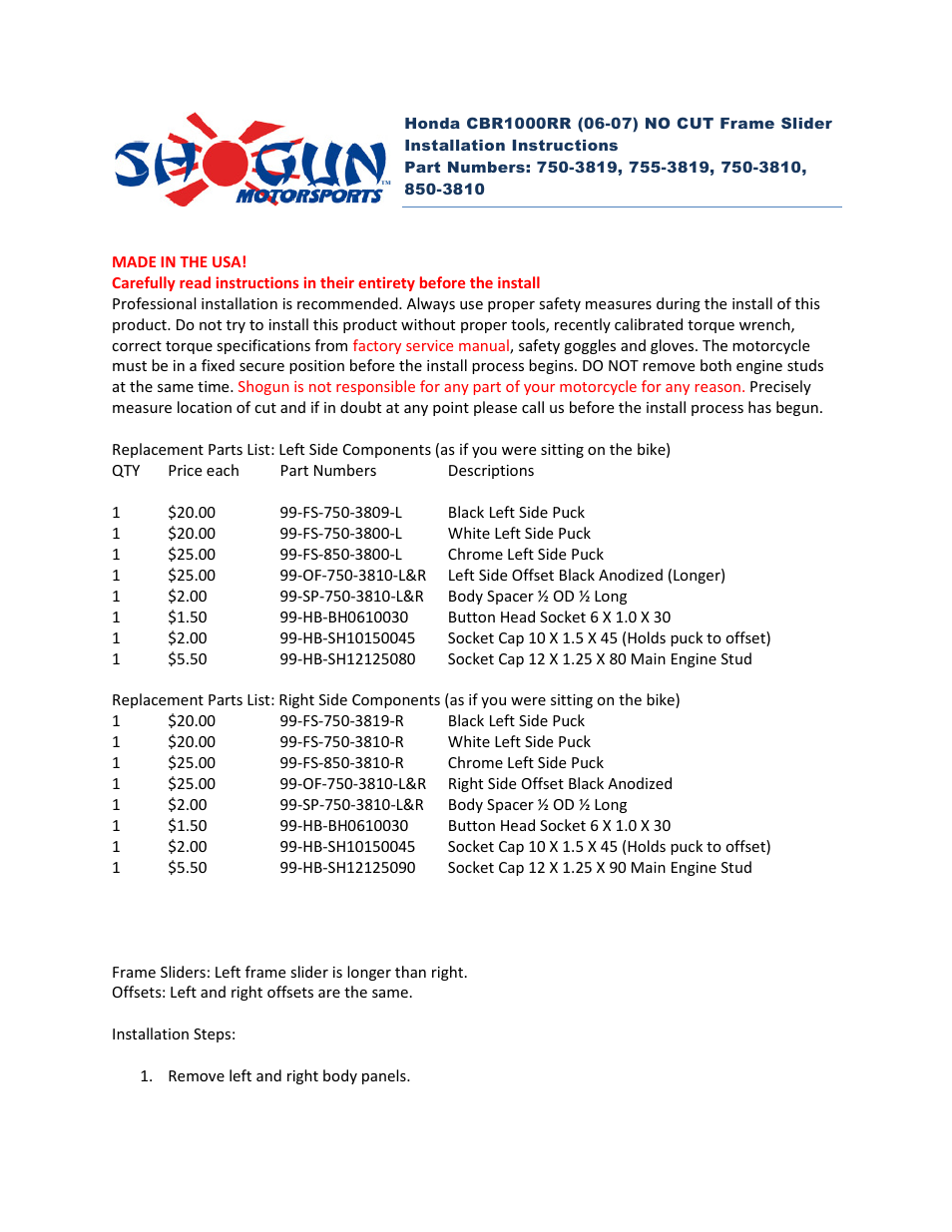 Shogun Motorsports Honda CBR1000RR (06-07) NO CUT Frame Slider User Manual | 2 pages