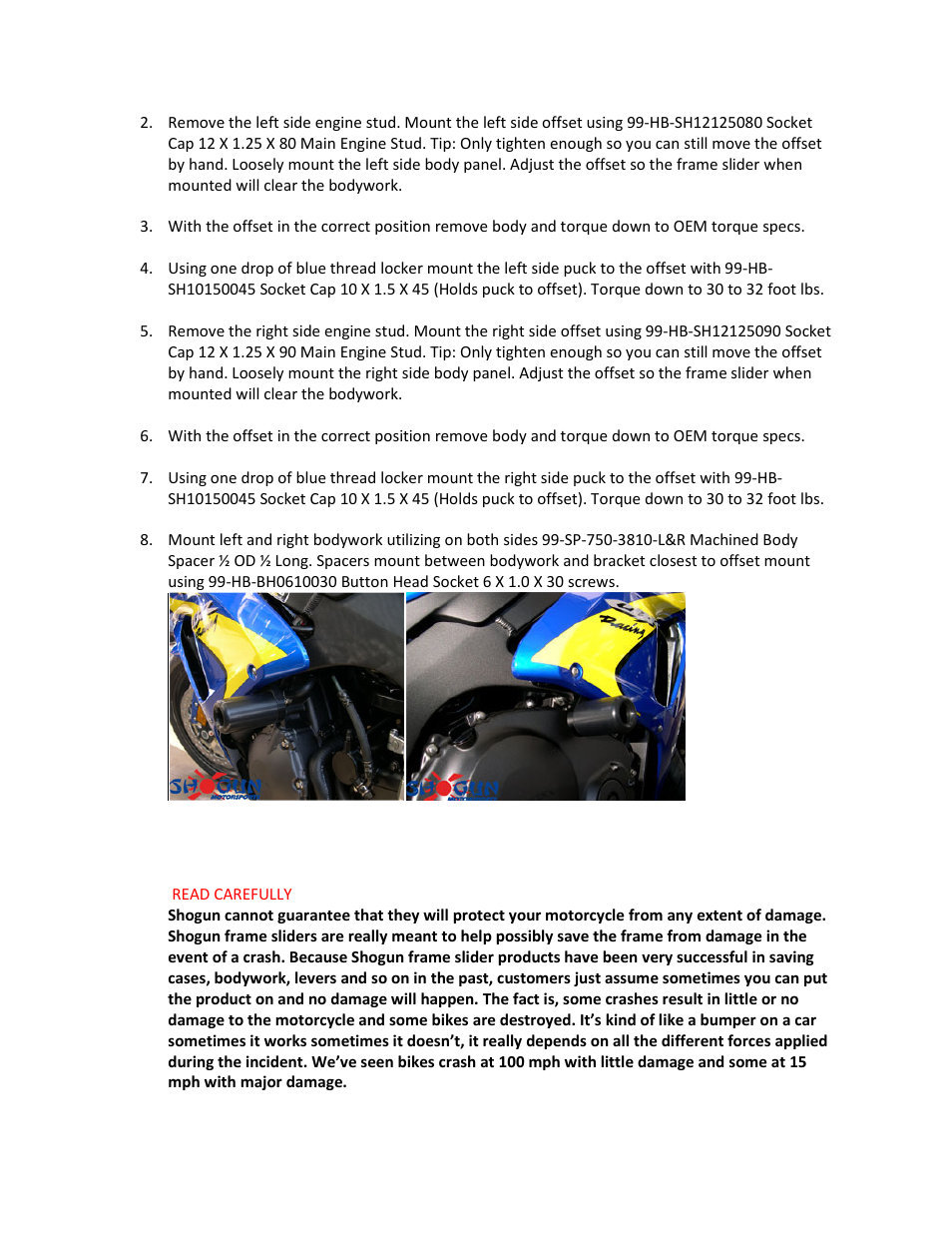 Shogun Motorsports Honda CBR1000RR (06-07) NO CUT Frame Slider User Manual | Page 2 / 2