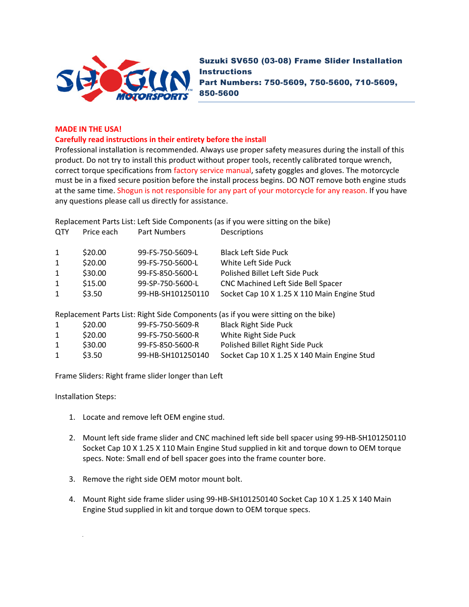 Shogun Motorsports Suzuki SV650 (03-08) Frame Slider User Manual | 2 pages