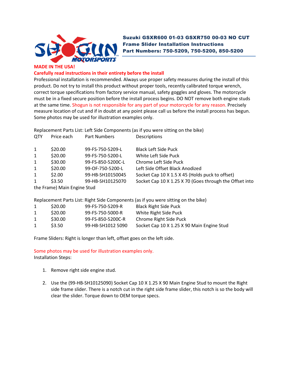 Shogun Motorsports Suzuki GSXR750 (00-03) NO CUT Frame Slider User Manual | 2 pages