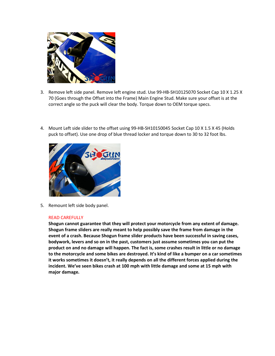 Shogun Motorsports Suzuki GSXR750 (00-03) NO CUT Frame Slider User Manual | Page 2 / 2