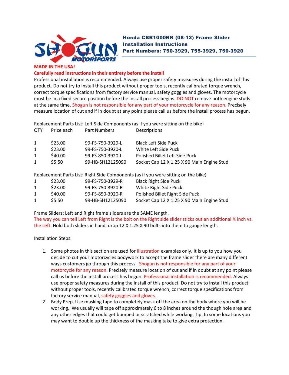 Shogun Motorsports Honda CBR1000RR (08-12) Frame Slider User Manual | 5 pages