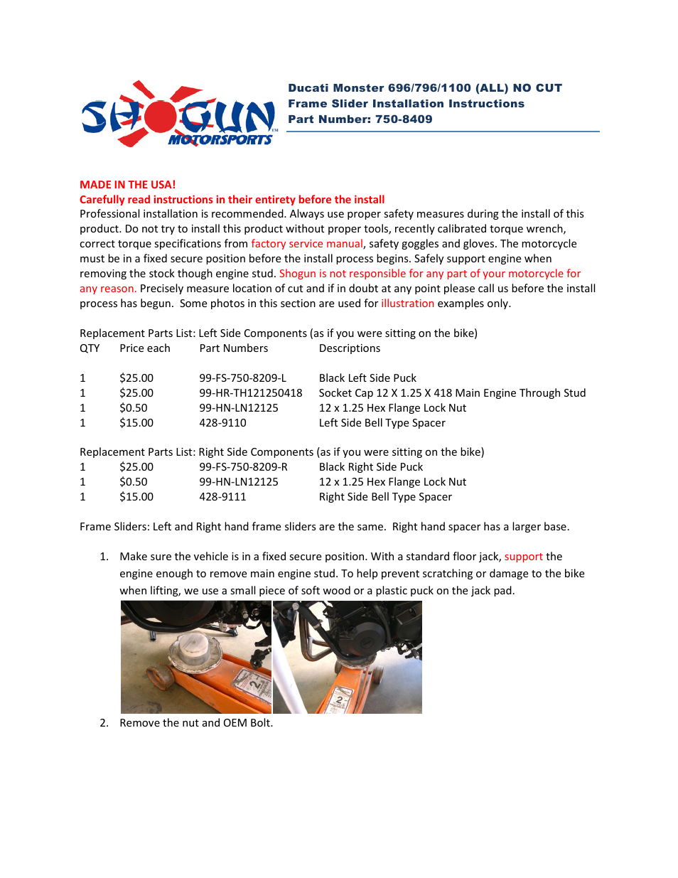 Shogun Motorsports Ducati Monster 696, 796, 1100 (ALL) NO CUT Frame Slider User Manual | 2 pages