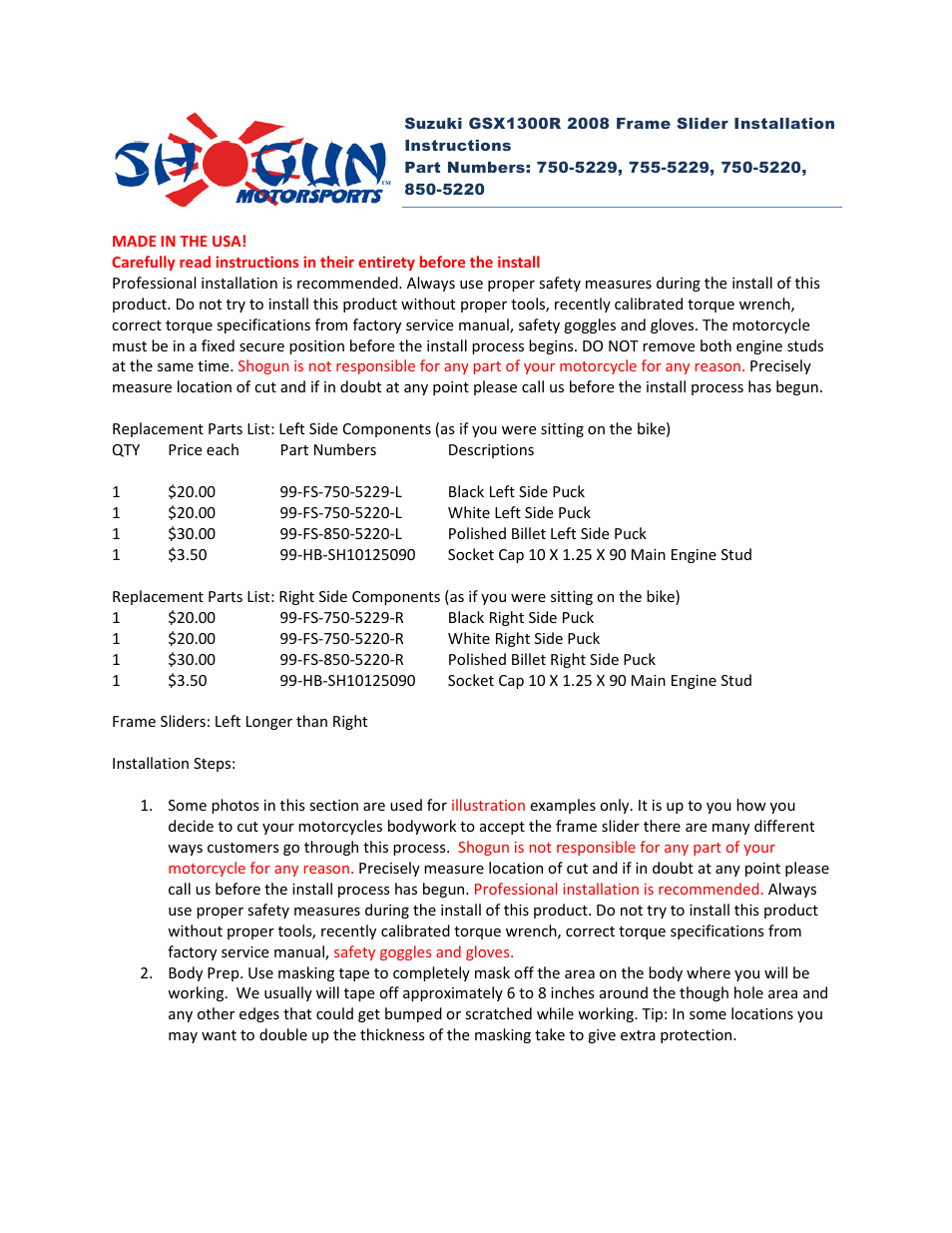 Shogun Motorsports Suzuki GSX1300R (2008) Frame Slider User Manual | 4 pages