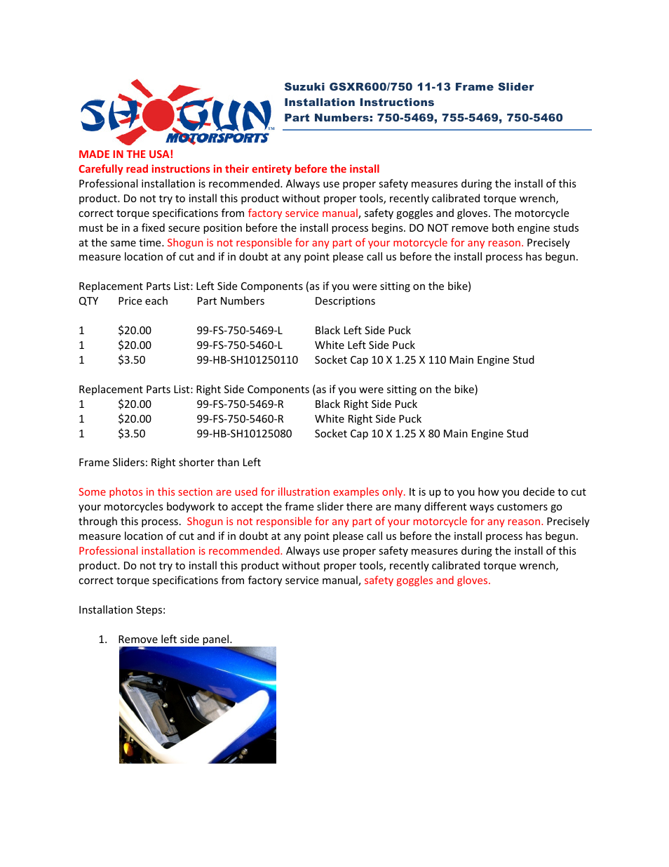 Shogun Motorsports Suzuki GSXR600_750 (11-13) Frame Slider User Manual | 4 pages