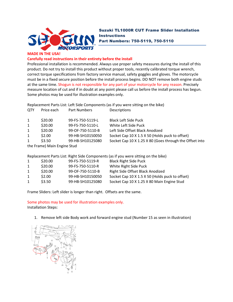 Shogun Motorsports Suzuki TL1000R CUT Frame Slider User Manual | 2 pages