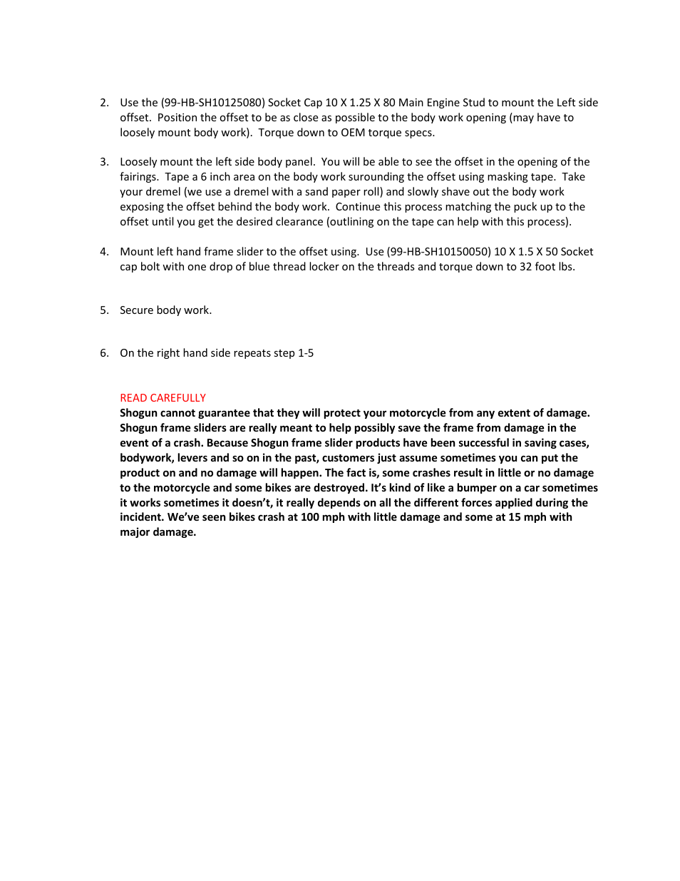 Shogun Motorsports Suzuki TL1000R CUT Frame Slider User Manual | Page 2 / 2