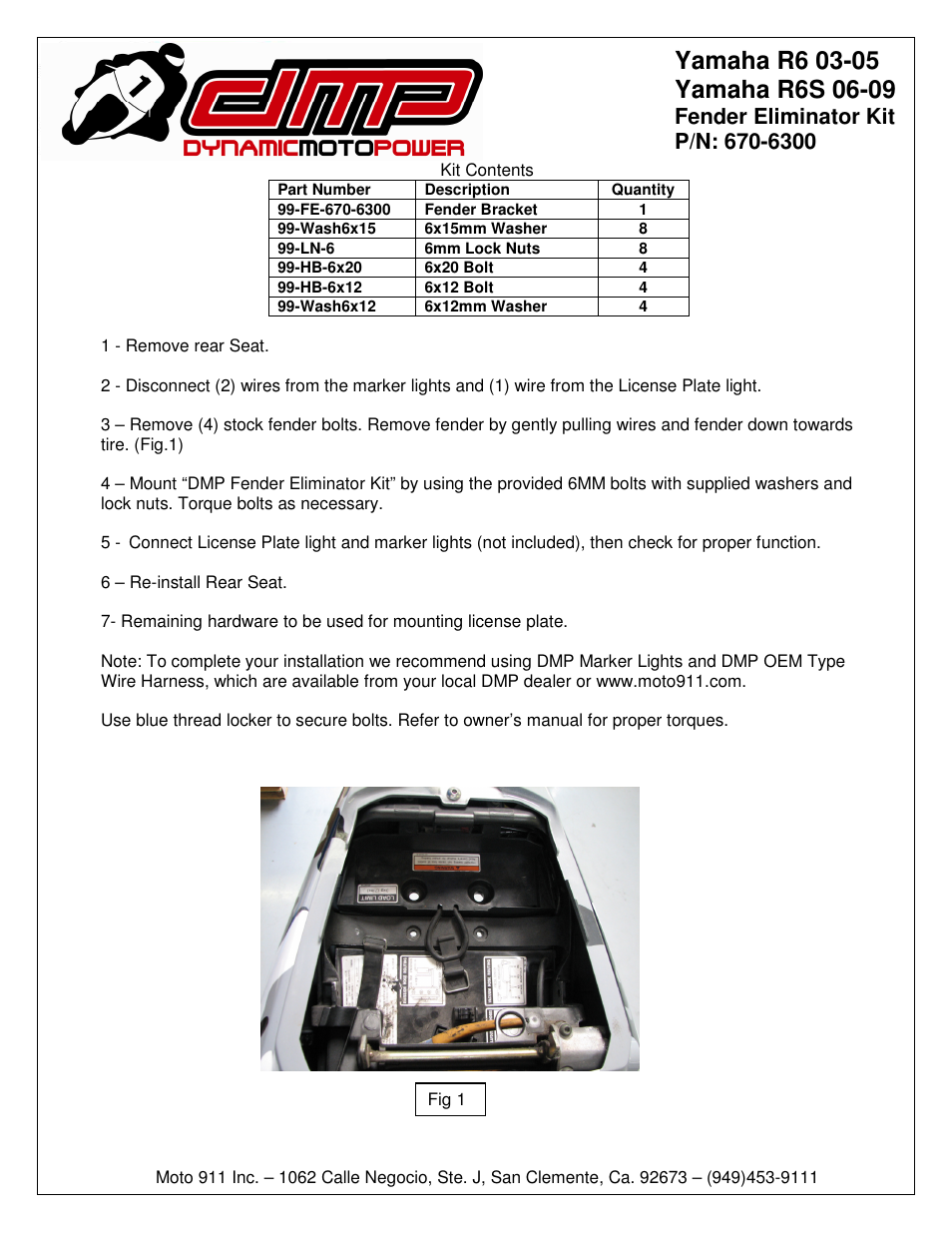 Shogun Motorsports Yamaha YZFR6S (06-09) DMP Fender Eliminator Instructions User Manual | 1 page