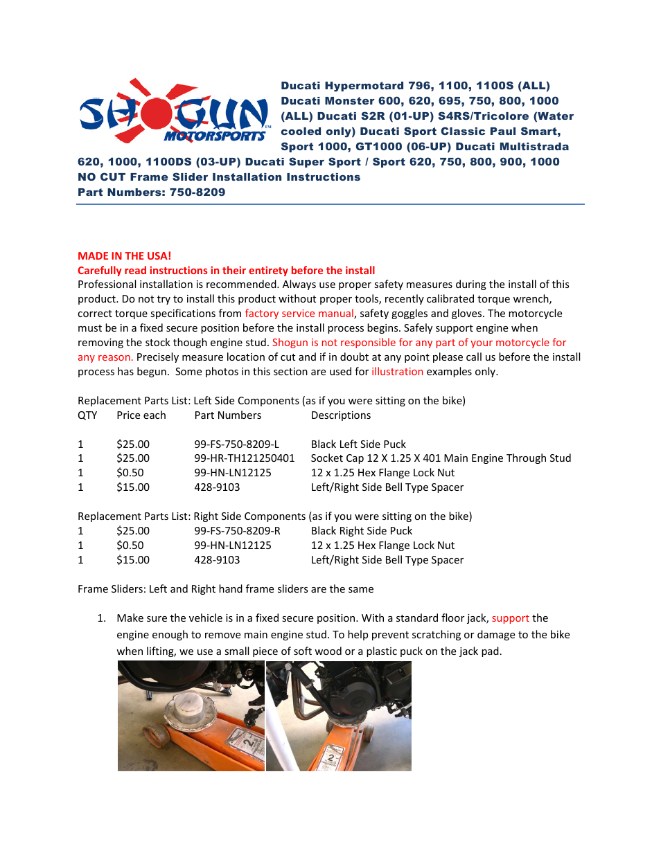 Shogun Motorsports Ducati Super Sport 620, 750, 800, 900, 1000 Frame Slider User Manual | 2 pages