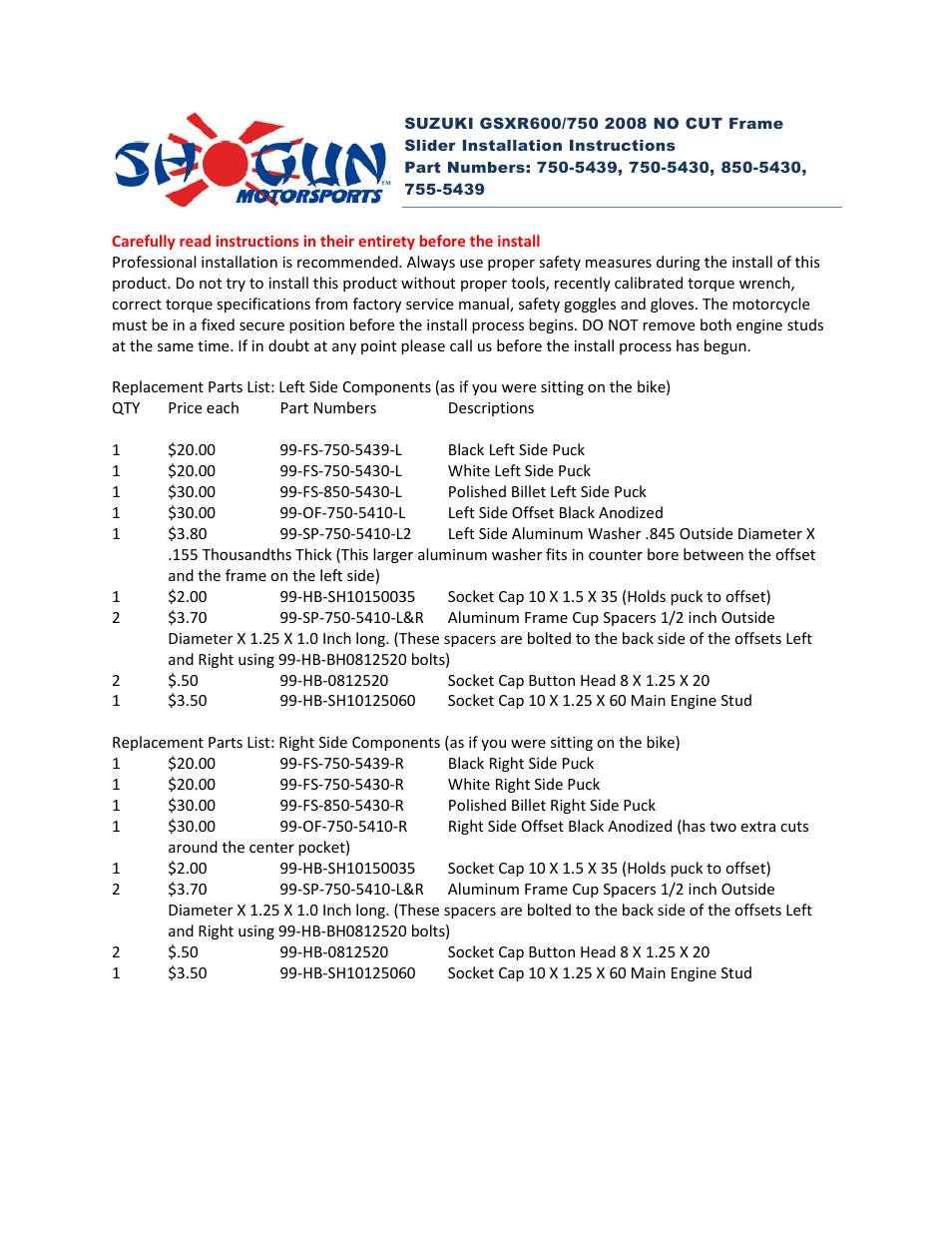 Shogun Motorsports Suzuki GSXR600_750 (2008) NO CUT Frame Slider User Manual | 4 pages