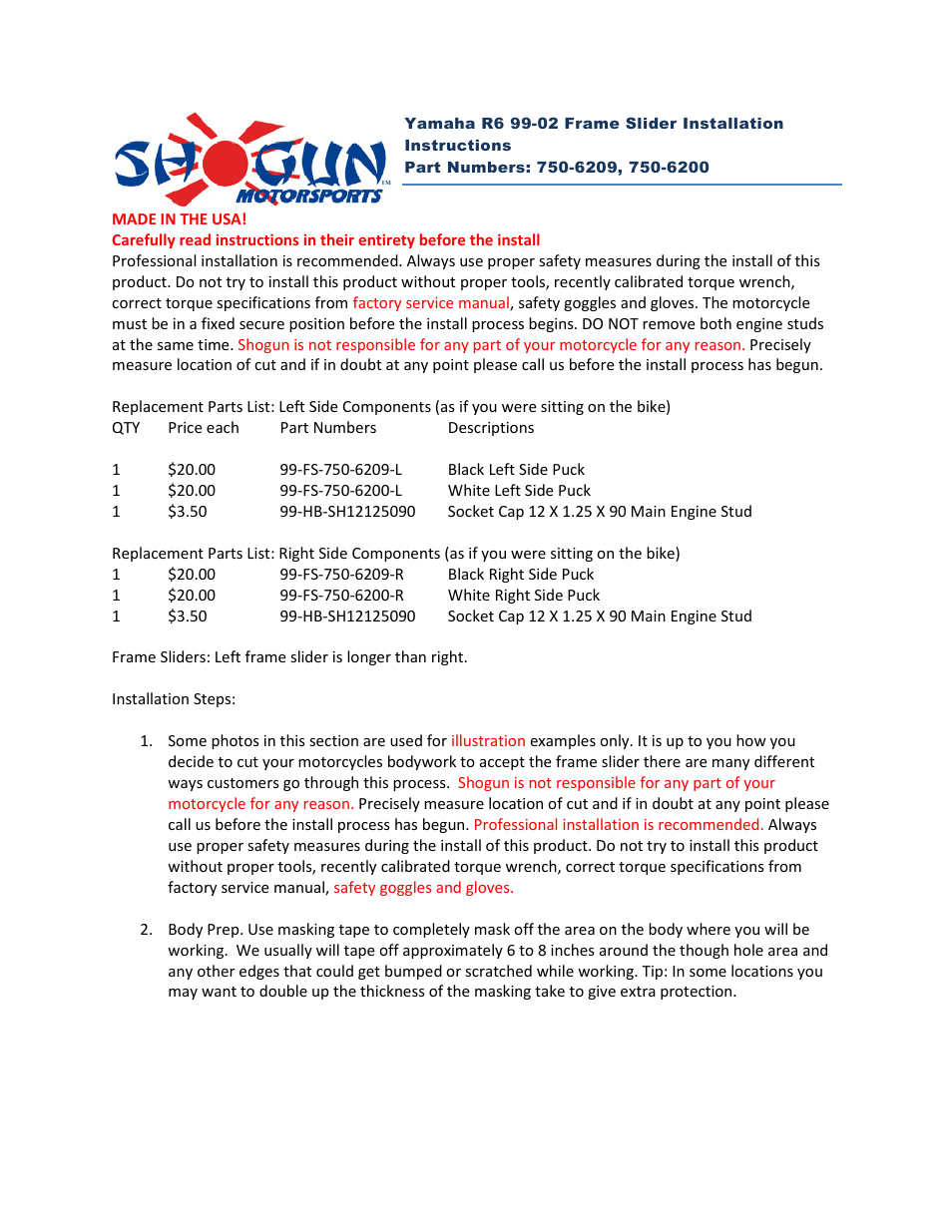 Shogun Motorsports Yamaha R6 (99-02) Frame Slider User Manual | 4 pages