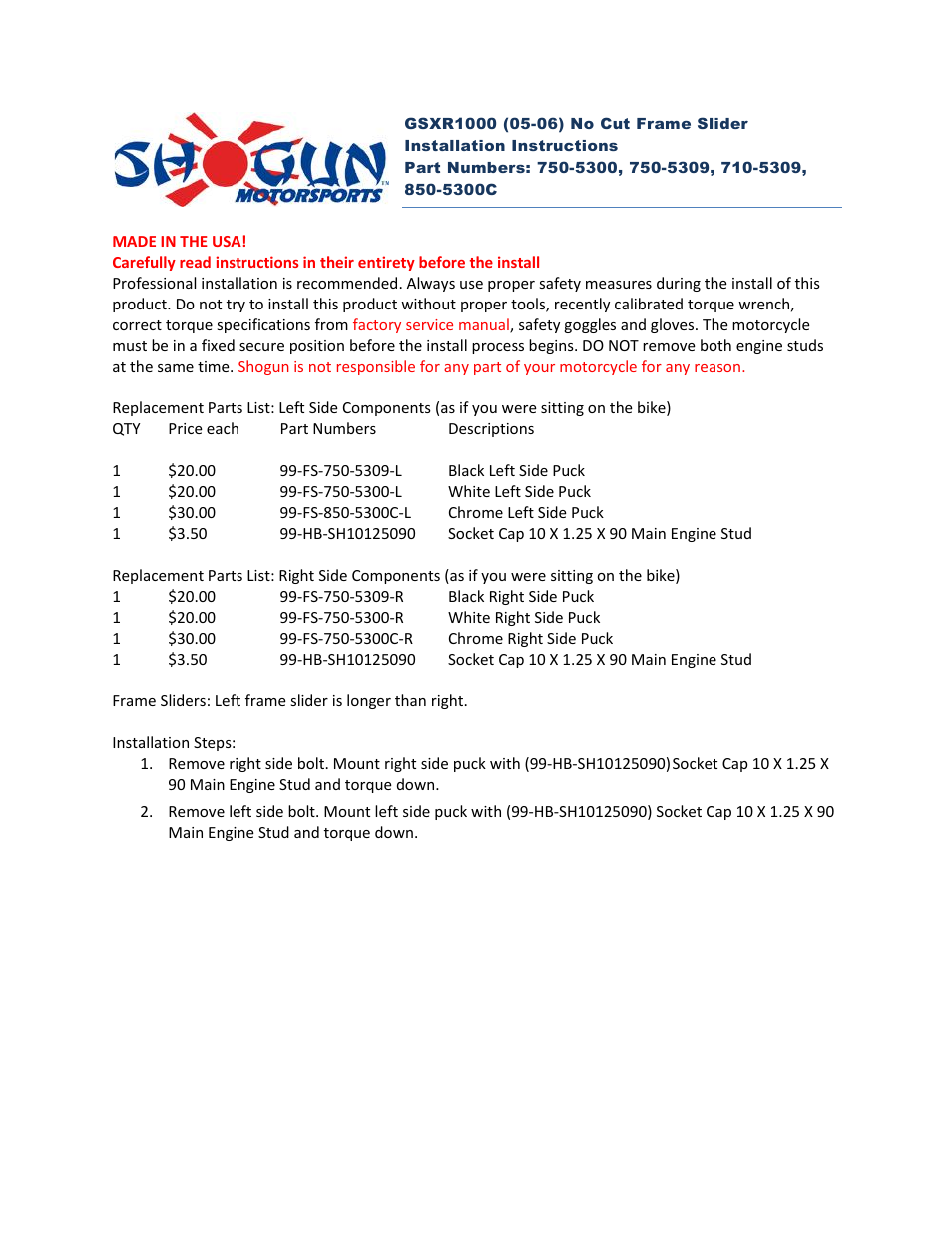 Shogun Motorsports Suzuki GSXR1000 (05-06) No Cut Frame Slider User Manual | 2 pages