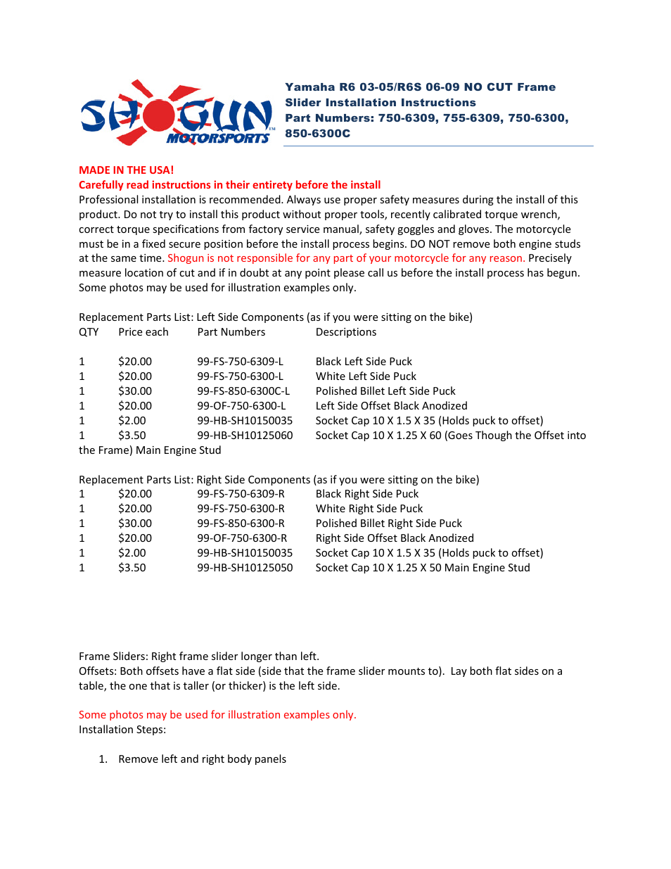 Shogun Motorsports Yamaha R6S (06-09) NO CUT Frame Slider User Manual | 3 pages