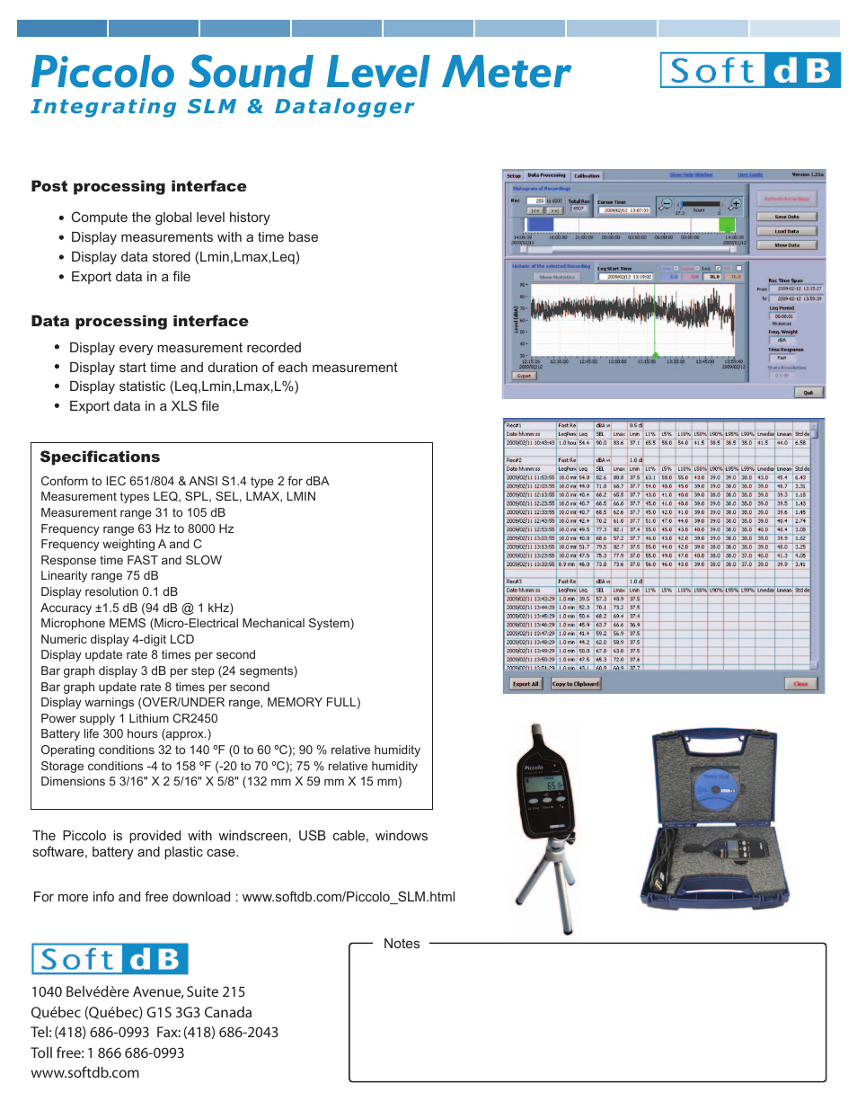Piccolo sound level meter, Integrating slm & datalogger | Soft dB Piccolo Specsheet User Manual | Page 2 / 2