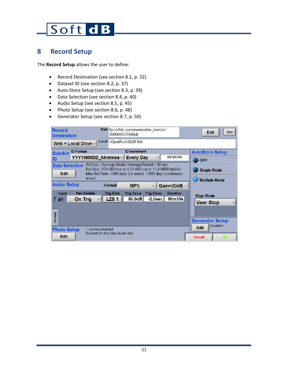 8 record setup | Soft dB Opus Suite SLM 4-Ch Module User Manual | Page 34 / 70