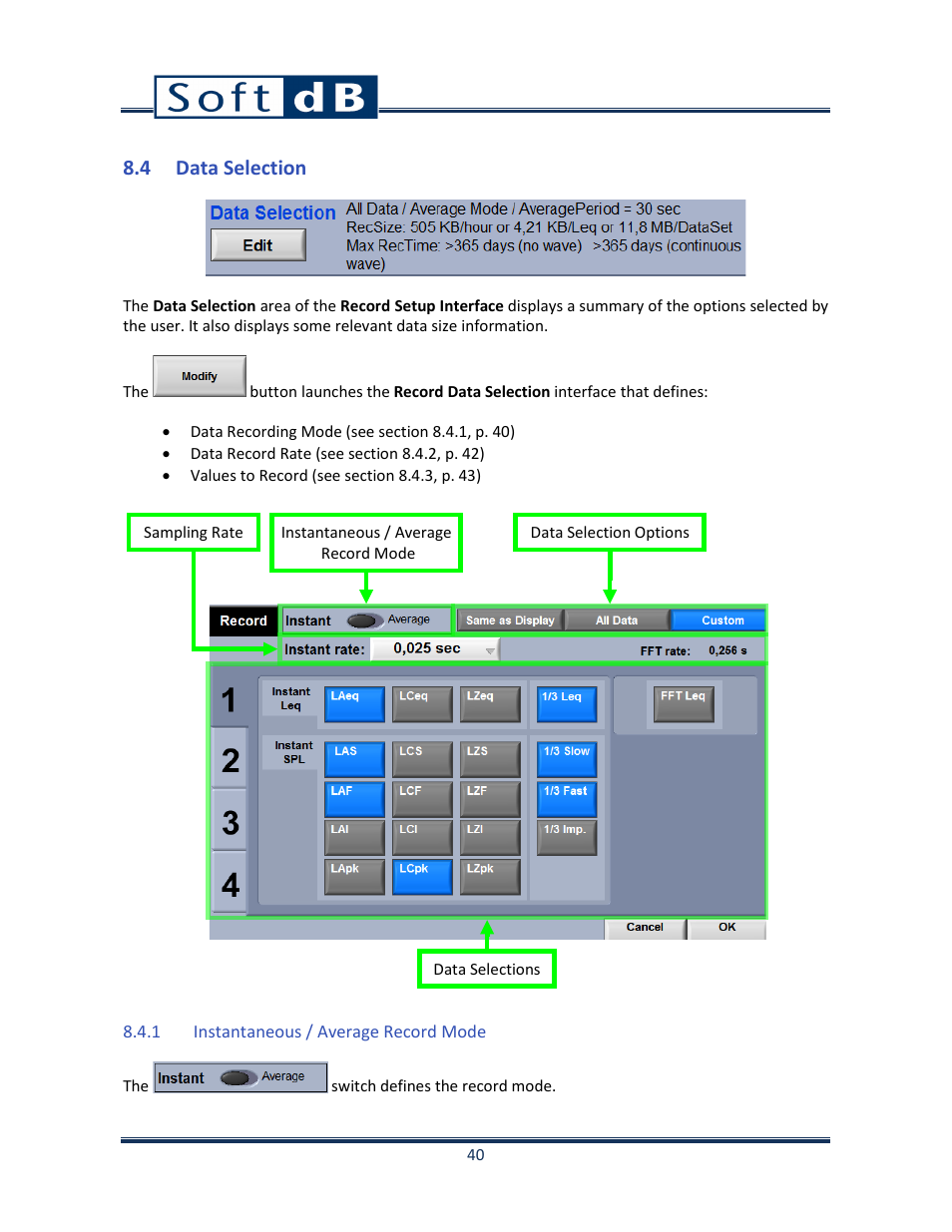 4 data selection, 1 instantaneous / average record mode | Soft dB Opus Suite SLM 4-Ch Module User Manual | Page 43 / 70