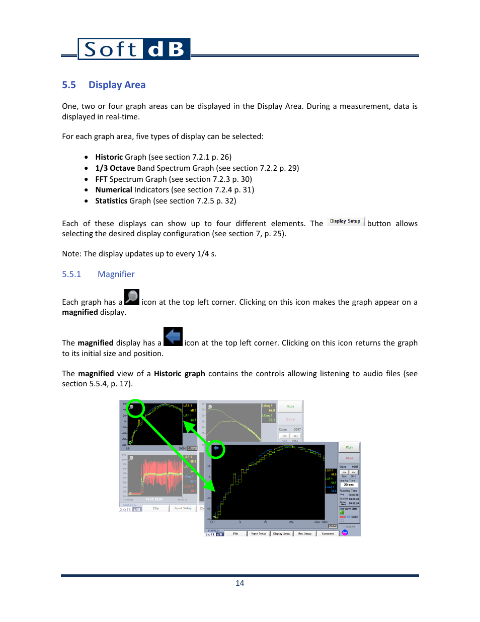 5 display area, 1 magnifier, Display area | Magnifier, 5, p. 14) | Soft dB Opus Suite SLM & 3Vib Module User Manual | Page 17 / 82