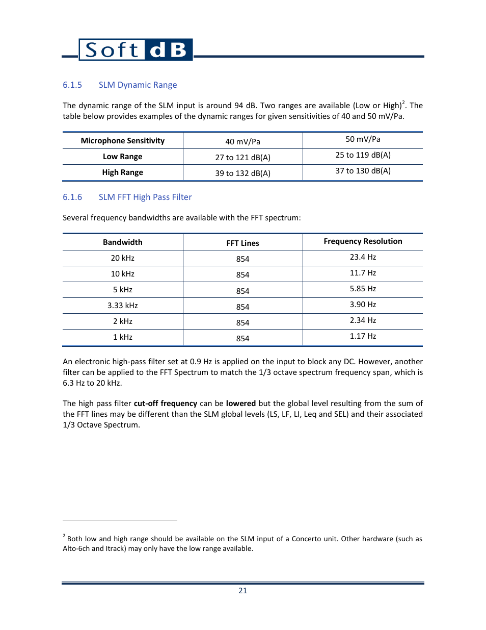 5 slm dynamic range, 6 slm fft high pass filter, Slm dynamic range | Slm fft high pass filter | Soft dB Opus Suite SLM & 3Vib Module User Manual | Page 24 / 82