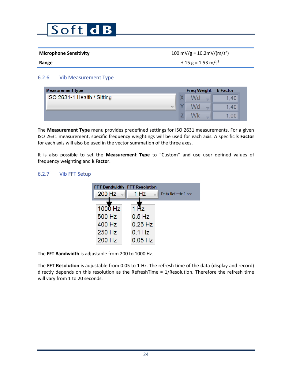 6 vib measurement type, 7 vib fft setup, Vib measurement type | Vib fft setup | Soft dB Opus Suite SLM & 3Vib Module User Manual | Page 27 / 82