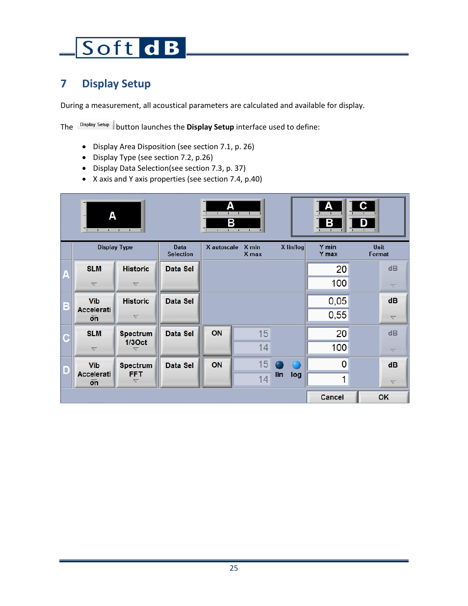 7 display setup, 7, p. 25) | Soft dB Opus Suite SLM & 3Vib Module User Manual | Page 28 / 82