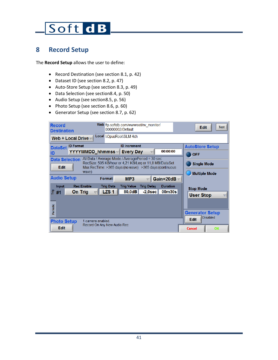 8 record setup, N 8, p.41) | Soft dB Opus Suite SLM & 3Vib Module User Manual | Page 44 / 82