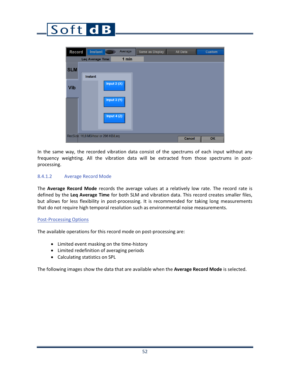 2 average record mode, Post-processing options | Soft dB Opus Suite SLM & 3Vib Module User Manual | Page 55 / 82