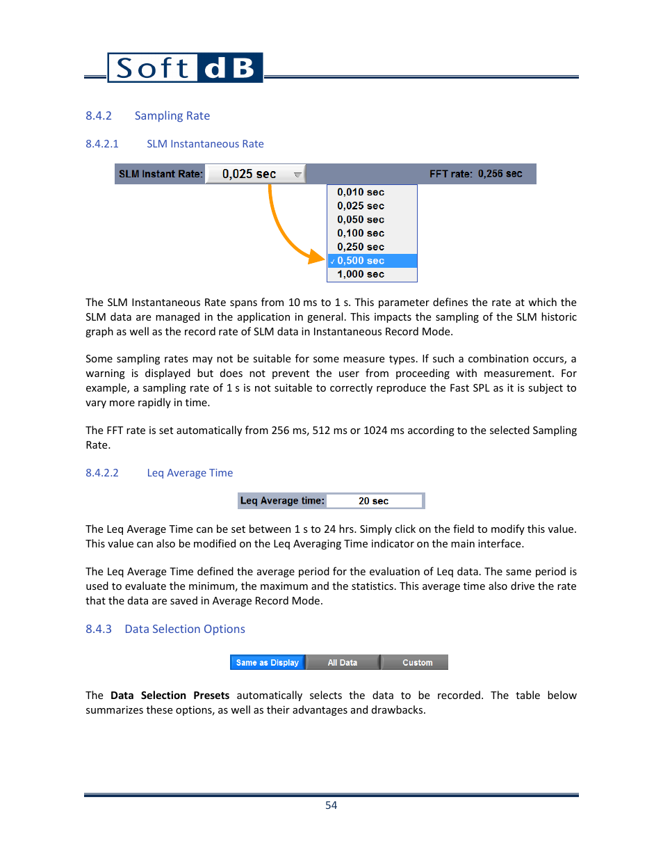 2 sampling rate, 1 slm instantaneous rate, 2 leq average time | 3 data selection options, Sampling rate, Data selection options, N 8.4.2, p. 54), 3, p. 54) | Soft dB Opus Suite SLM & 3Vib Module User Manual | Page 57 / 82