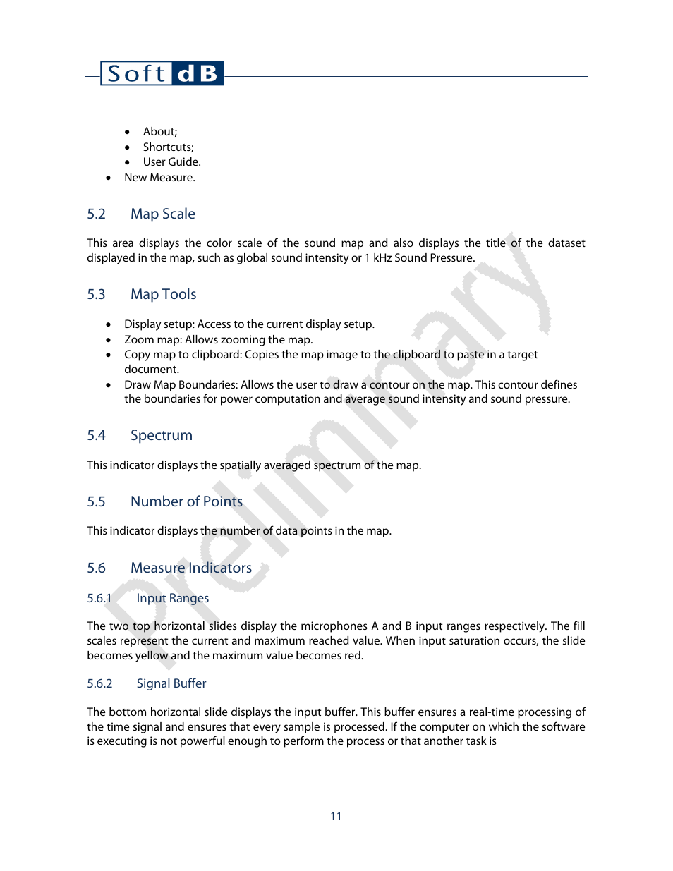 2 map scale, 3 map tools, 4 spectrum | 5 number of points, 6 measure indicators, 1 input ranges, 2 signal buffer | Soft dB I-Track User guide User Manual | Page 13 / 25
