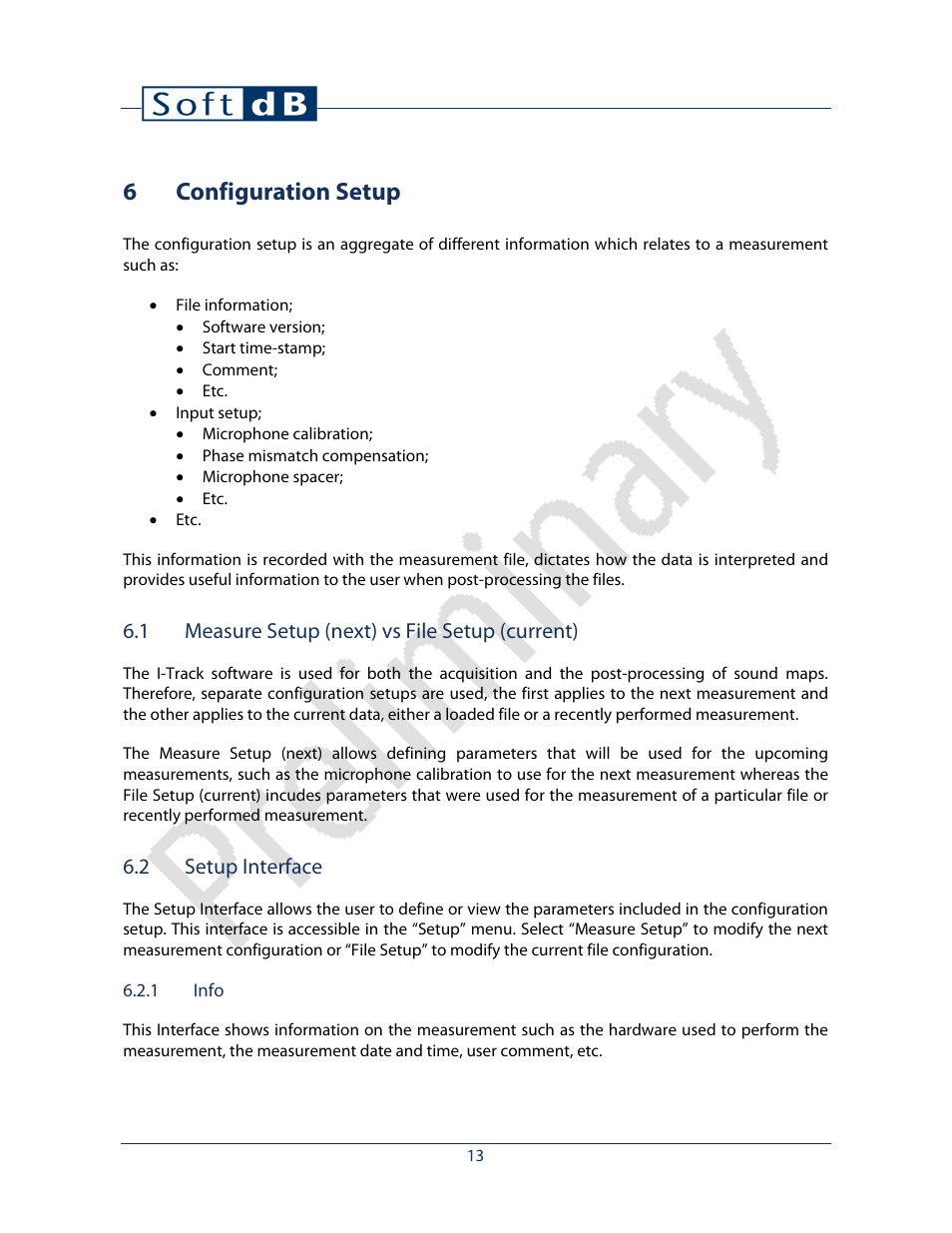 6 configuration setup, 1 measure setup (next) vs file setup (current), 2 setup interface | 1 info, 6configuration setup | Soft dB I-Track User guide User Manual | Page 15 / 25