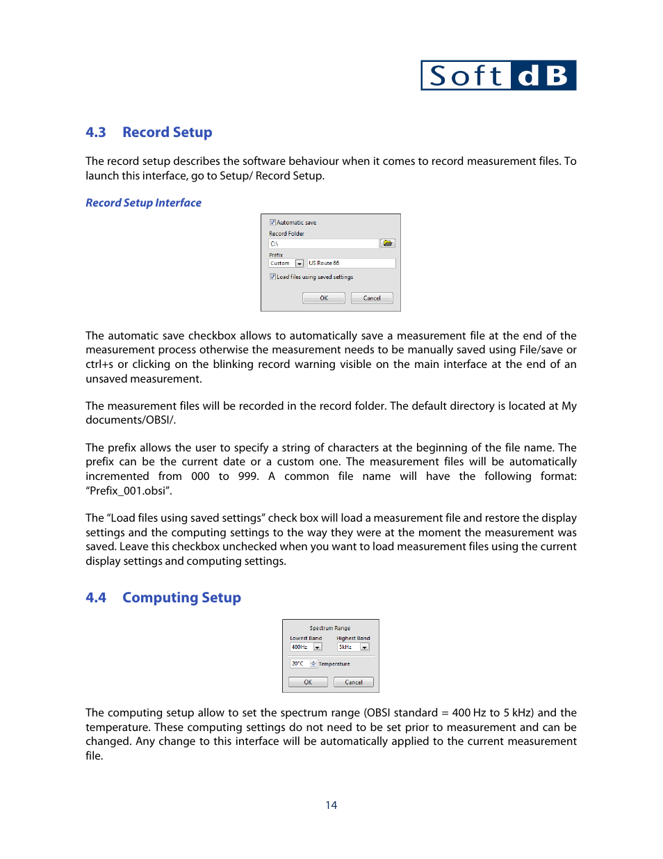 3 record setup, 4 computing setup | Soft dB OBSI Software User Guide User Manual | Page 18 / 26