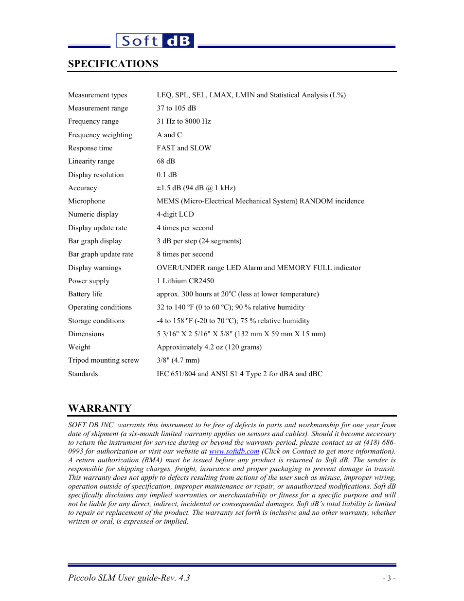 Specifications, Warranty | Soft dB Piccolo User guide User Manual | Page 4 / 21