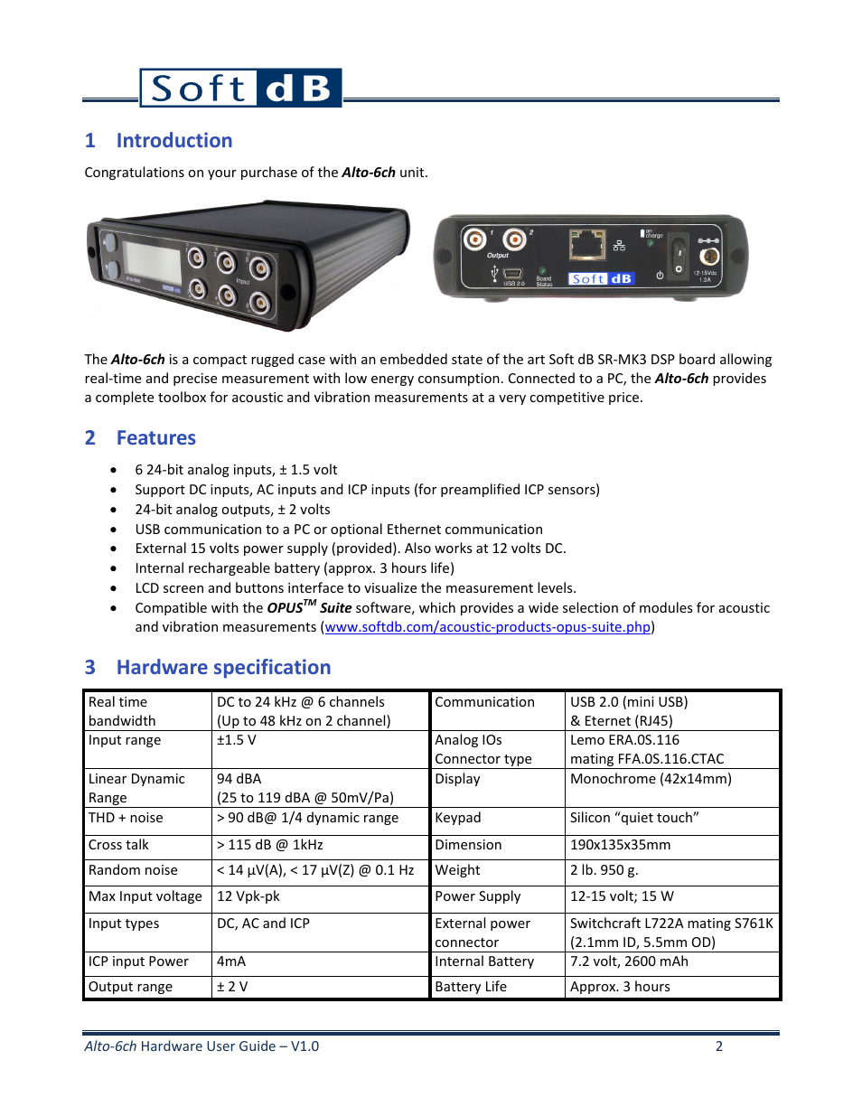1 introduction, 2 features, 3 hardware specification | Soft dB Alto6 User Guide User Manual | Page 3 / 6