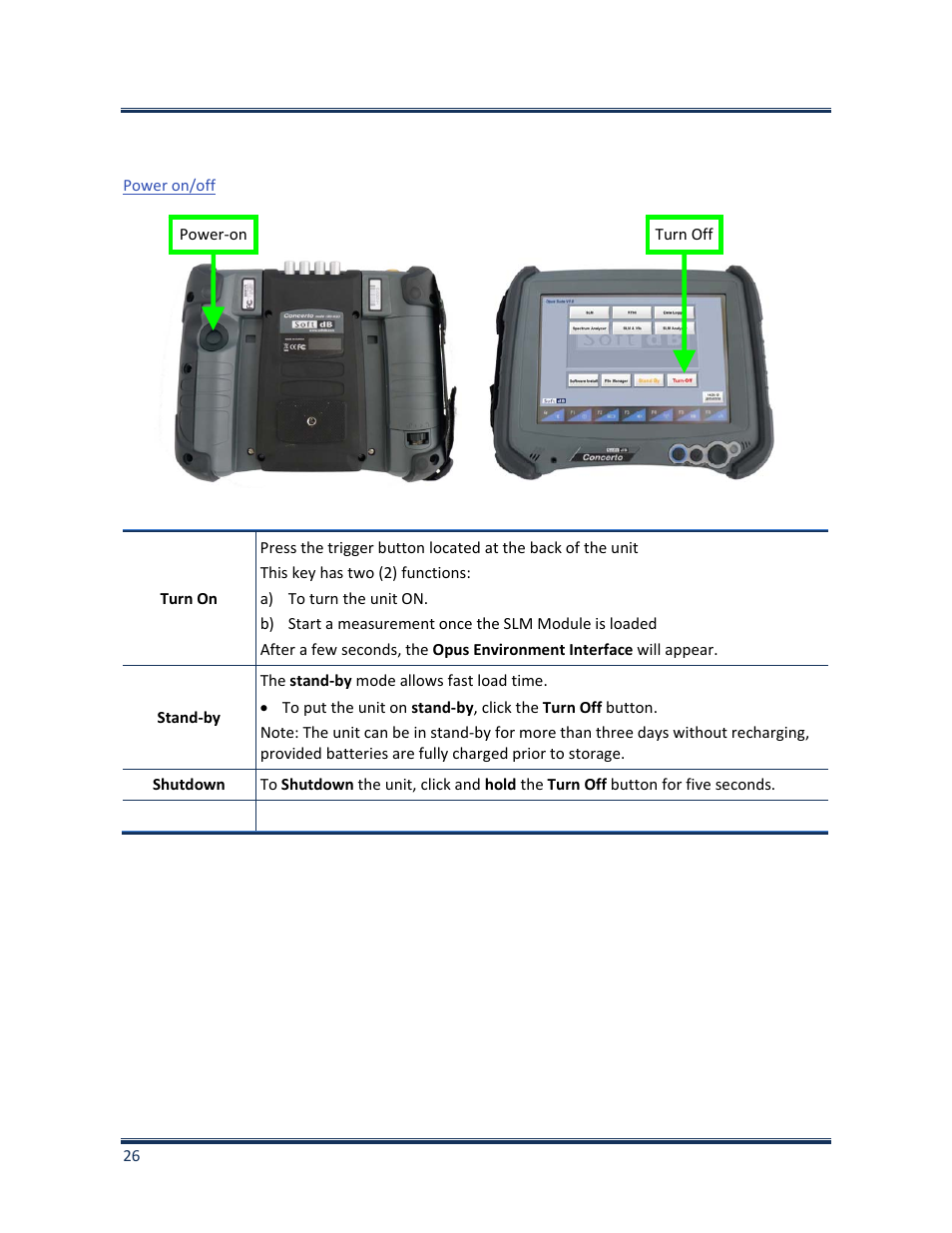 Power on/off | Soft dB Opus Suite Building Vib Module User Manual | Page 30 / 33