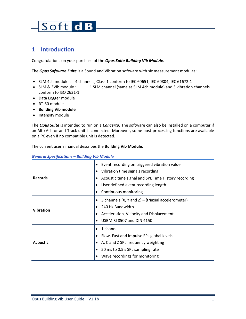1 introduction, Introduction | Soft dB Opus Suite Building Vib Module User Manual | Page 5 / 33