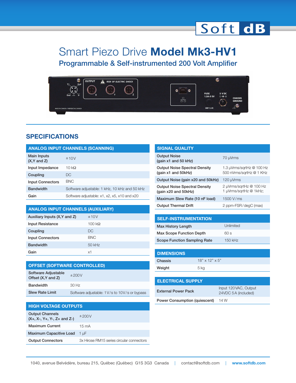 Smart piezo drive model mk3-hv1, Specifications | Soft dB Mk3-HV1 Smart Piezo Drive Spec sheet User Manual | Page 3 / 3