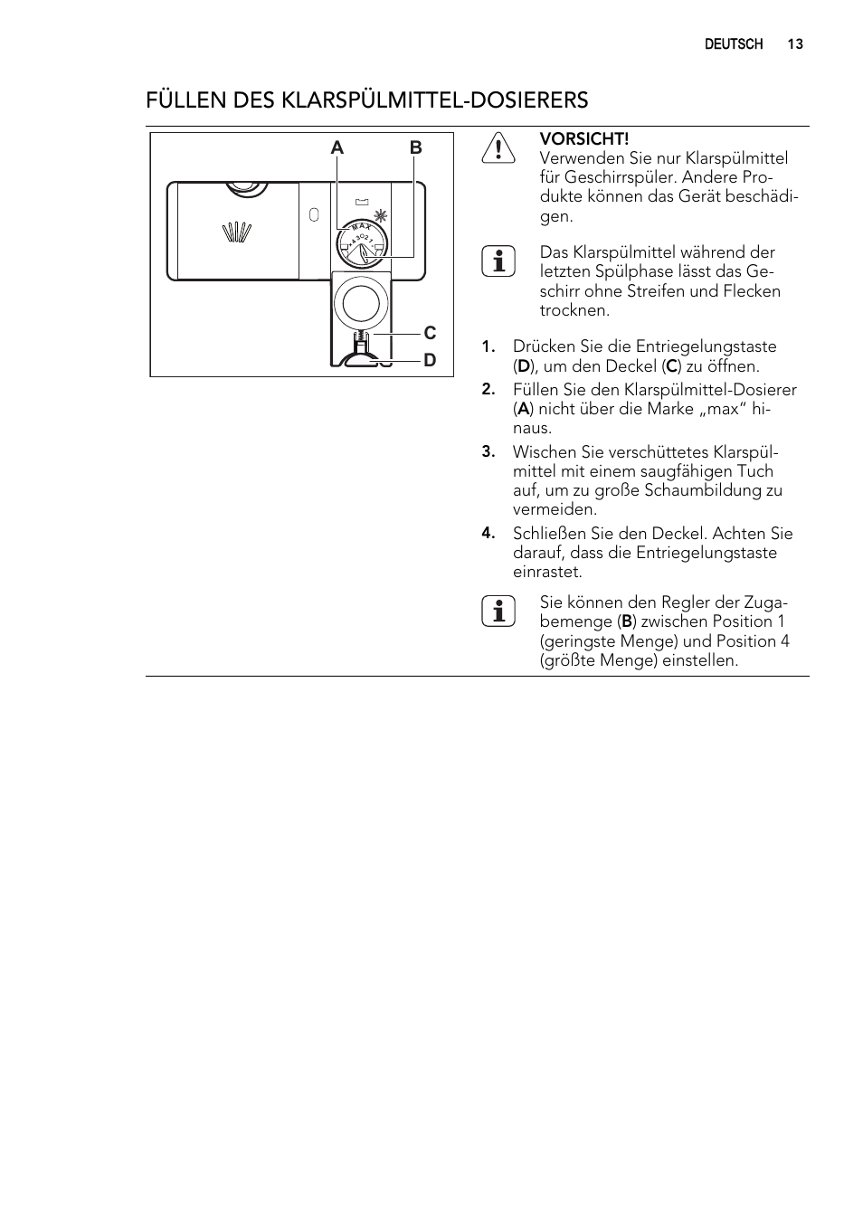 Füllen des klarspülmittel-dosierers, Ab d c | AEG ELECTROLUX GS 60 BF 221 User Manual | Page 13 / 88